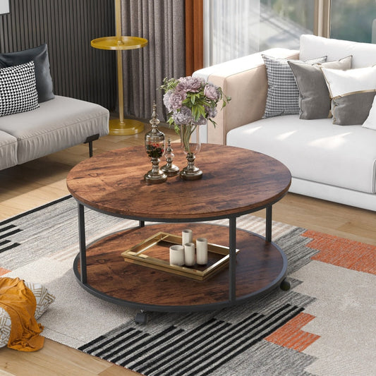 Rustic Round Coffee Table with Caster Wheel and Wo